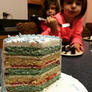 Layers of vanilla cake, icing and strawberry jam