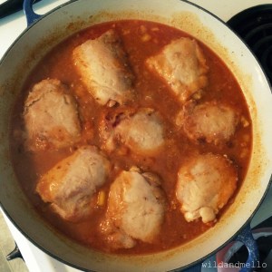 Veggies sauteed, seasoning and broth added and chicken brought back to dutch oven